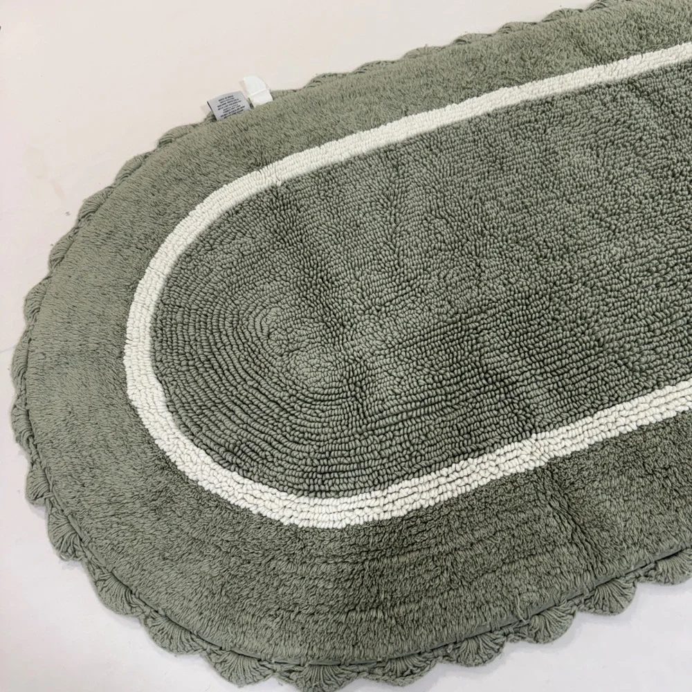Shabby Chic Sage Green Cotton Bath Runner Rug 63x26 Scalloped Tufted Oval Border